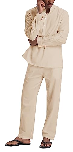 SIENDIU Herren-Leinensets, Henley-Shirts, 2-teilig, Urlaubs-Outfits, Strandkleidung, Freizeitanzug, Langarm-Shirt, Yogahose, Sommer, khaki, L