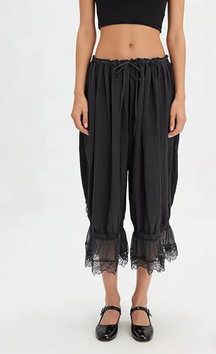 Image of NUFIWI Women Ruffle Long Bloomer Y2k Lace Trim Pettipants Pantaloons Mid Rise Cropped Pajama Pants Under Dress Slips