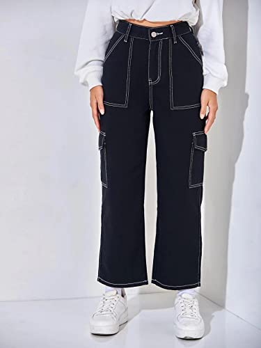 Image of dockstreet Womens Twill Denim Cargo for Women with White Stitching Accents 4 /715RAathreadcargoBlack White StitchLQR28ExthreadcargoBlack White StitchLQR28