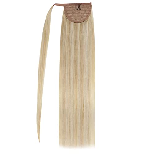 Hetto Blonde Ponytail Extension Real Human Hair #14/613 Blonde Highlight One Piece Ponytail Human Hair 14 Inch 70g Wrap Around Ponytail Hair Extensions