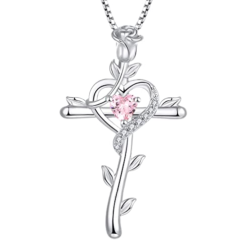 Starchenie Rose Cross Necklace 925 Sterling Silver Heart Crucifix Pendant Created Pink Tourmaline Jewelry for Women