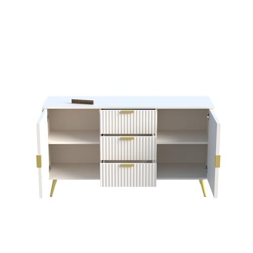Image of Wooden Sideboard Cabinet for Living Room | Side Board with 3 Drawers & 2 Doors Cabinet Storage for Dining, Drawing and Home Office | HDMR Premium Wood & Iron | White & Golden