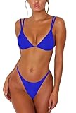 ForBeautyShe Women's Sexy high Cut Thong Two Piece Bikini Double Shoulder Straps Cute Swimsuit Triangle Bathing Suit Blue L