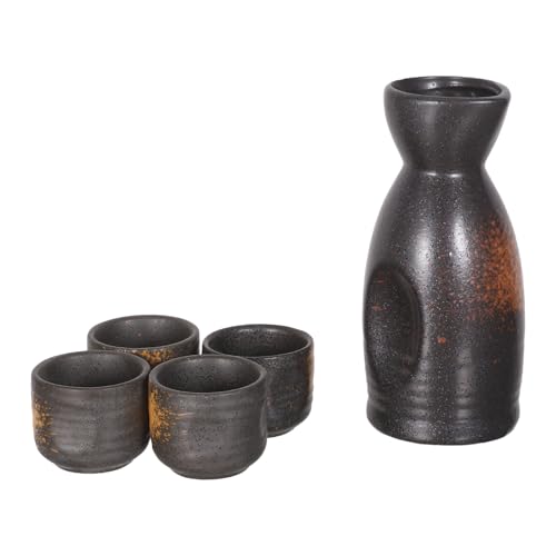 Garneck Ensemble de Saké Japonerie en Céramique Jaune Jade, Grosse Bouteille Tokkuri 1l 4 Tasses Ochoko Assorties, Service à Boisson Chaude pour Maison et Restaurant, Coupes à Vin