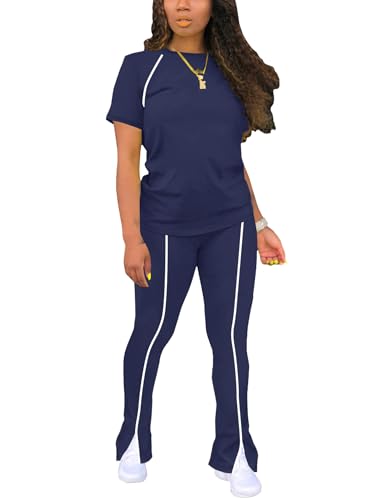 Image of STOLKISS Women 2 Piece Outfits Summer Workout Sweatsuit Striped Short Sleeve Long Flare Pants Casual Travel Tracksuit