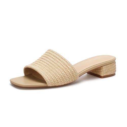 VICKIVICKI Womens Raffia Slide Sandals Low Heel Square Toe Open Toe Slip On Sandals for Women Memory Foam Insole Summer Vacation Casual Sandals Natural Size 8