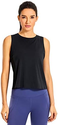 CRZ YOGA Pima Cotton Cropped Tank Tops for Women Workout Crop Tops High Neck Sleeveless Athletic Gym Shirts Black Small