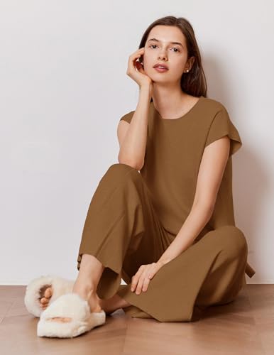 Image of Ekouaer Lounge Sets for Women Two Piece Outfits Knit Cap Sleeve Tops Wide Leg Pleated Pants Casual Dressy Sweater Sets