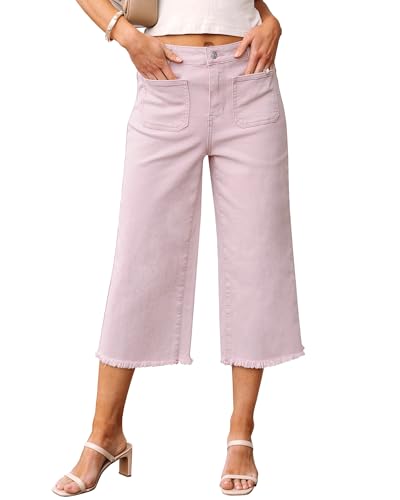 luvamia Capris Jeans for Women Wide Leg High Waisted Trendy Raw Hem Patch Pocket Cropped Stretchy Denim Capri Pants Summer Clothes for Women Hushed Violet Medium Fits Size 8 Size 10