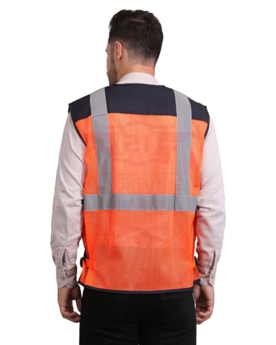Image of CLUB TWENTY ONE Polyester and Mesh Reflective Jacket, Vest with High Visibility Strips or Tape, Safety Workwear Vest for Men (Orange & Navy Blue, Size - Small)