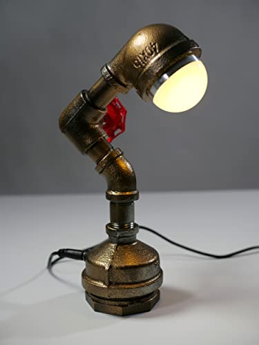 Kashikoi Led Rustic Industrial Iron Pipe Lamp, Retro Steampunk Style Table Desk Light With Red Valve Handle Handwheel Switch, Antique Rusty Metal Piping Body, Accent Lightings For Loft Vintage Decor #TOP2