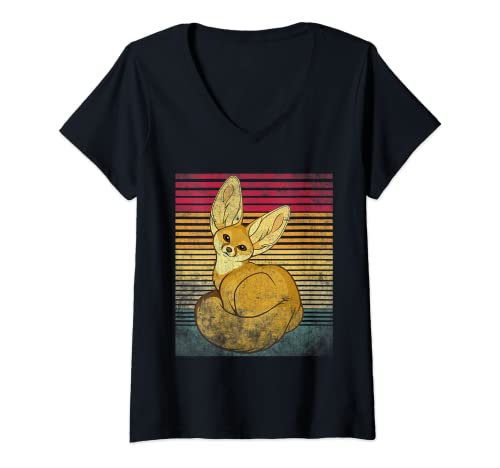 Mujer Retro Vintage Fennec Fox Zorros lindos Camiseta Cuello V