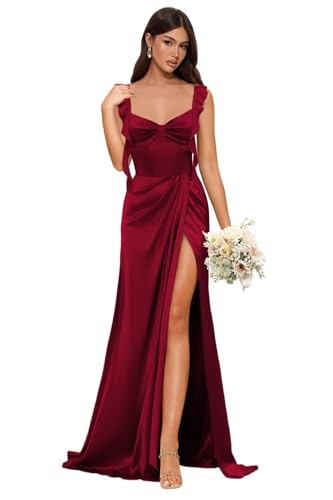 Dessiny Women's Spaghetti Strap Bridesmaid Dresses with Slit 2025 A-Line Satin Formal Evening Party Gowns DE321