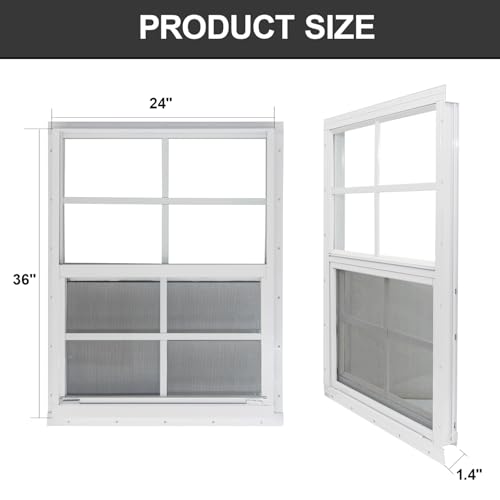 Yuzzy 24\" x 36\" Shed Windows with Tempered Glass and Fiberglass Screen, 2 Pack Small Sliding Windows for Shed, Chicken Coop, Playhouse, Household, Garage, Barns (White)