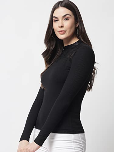 Image of POPWINGS Ribbed Black Full Sleeve Neck Design Top