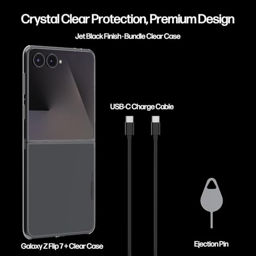 Image of Samsung Galaxy Z Flip7 Cell Phone, 256GB Unlocked Android Phones, AI Foldable Smartphone with FlexCam, 50MP Camera, 6.9 inch AMOLED, International Model 2025, Jet Black, Bundle Clear Case