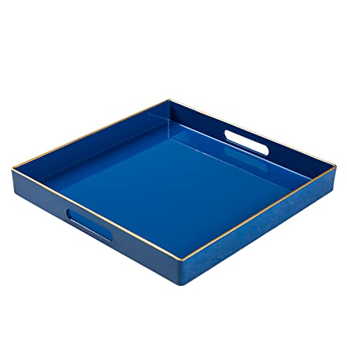 Maoname Decorative Tray, Royal Blue Serving Tray With Handles, Coffee Table Tray, Square Plastic Tray For Ottoman, Bathroom, Kitchen, 13"X13"X1.57" #TOP29