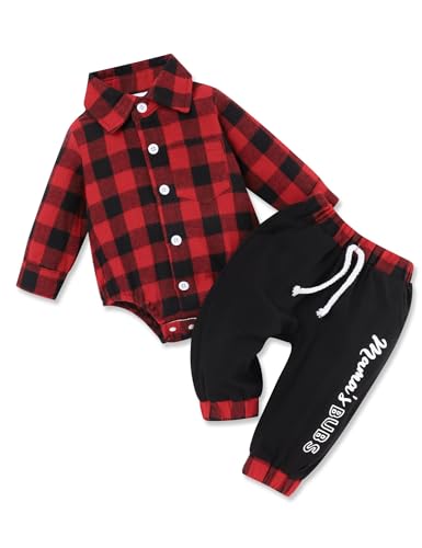 Image of Fuermos Newborn Baby Boy Clothes Plaid Button Long Sleeve Hoodie Romper+ Mama's Boy Pants Fall Winter Outfits Set