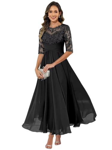 HUINI Damen Brautmutterkleid Chiffon Lang - Spitzen Formales Abendkleid Kleider Halbärmel A-Linie...