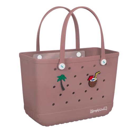 SimplyLivin Waterproof Beach Bag for Women | EVA Rubber Tote Bag Sandproof & Washable | Large Capacity Pool Bag with Charms & Pocket | Swimming Gym Shopping Travel | Red Blush (Medium)
