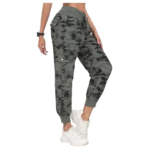 JINSHI Pantalons de Randonnée Femme Cargo Léger Pantalon D'extérieur Été Jogging Travail Taille Haute avec Poches Camouflage Vert S