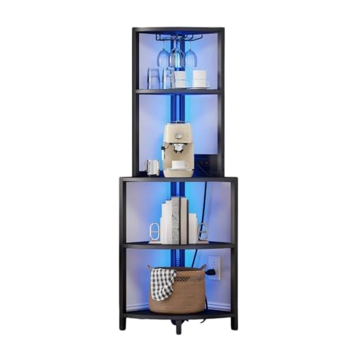 DWVO Corner Shelf with LED Lights & Bookshelf Glass Holder, 4 Tier Corner Wine Bar Rack, Large Wooden Corner's Bookshelf with Display Shelves for Living Room, Dining Room, Kitchen, Black