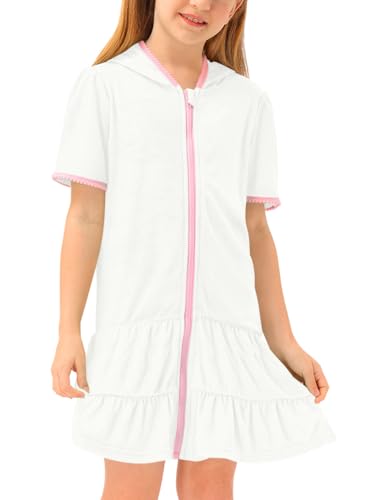 BesserBay Girls Summer Beach Quick Dry Cover Up Ruffle Hem Terry Smocked Hooded 4-14 Years with Pockets