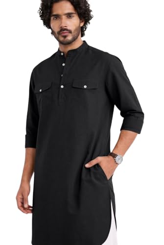 Image of SNITCH Men Casual Kurta Shirt | Regular Fit Full Sleeve Mandarin Collar Solid Pattern | Premium Cotton Linen Blend & Breathable Fabric for Festive Season & Holiday Wear