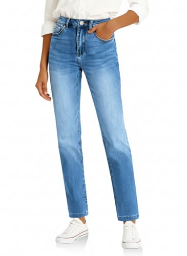 Cicy Bell Damen Jeans Straight Fit Jeanshosen Mittlere Taille Denim Skinny Hosen mit Taschen Blau 44