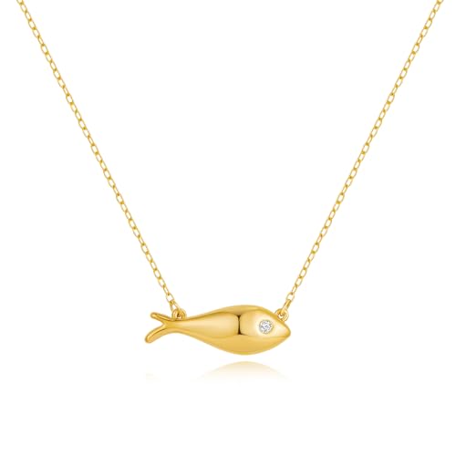SHANTYSON Fish Pendant Necklace, 14K Gold Plated, Brass, Dainty CZ Charm Chain, Trendy Beach Jewelry for Women (A-CZ Fish) by SHANTYSON - Used condition - US$11.07