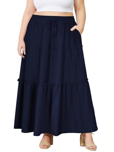 Image of Moon Wood Plus Size Maxi Skirts for Women Trendy Long Flowy Boho Tiered Skirt Renaissance Summer Beach Skirt with Pockets