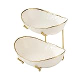jessie 2 Tier Ceramic Fruit Bowl for Kitchen Counter with Metal Rack, Fruit Basket with Stand, Porcelain Bowls for Vegetable Bread Candy Snack Nuts Dessert Cake Tray (Gold 2 layer)