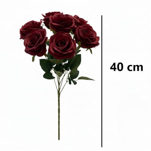 Image of Artificial Rose Flower Bouquet - 7 Soft Dark Red Silk Roses with Green Leaves | Realistic Artificial Flowers for Home Decoration, Wedding, Party & Gift