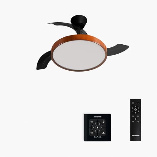 CREATE / WIND CLEAR STUDIO S/Ventilador de techo con luz negro y madera oscura con controlador de pared y mando / 40W, Aspas retráctiles, Ø 91 cm, 3 temperaturas de luz, función verano-invierno