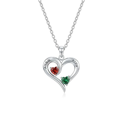 Image of TRUESILVER ACPL 925 Sterling Silver Personalized Photo Necklace for Women | Custom Couple Heart Pendant with Name Date & Birthstone | Engraved Picture Necklace Gift for Wife Mother Anniversary Birthday