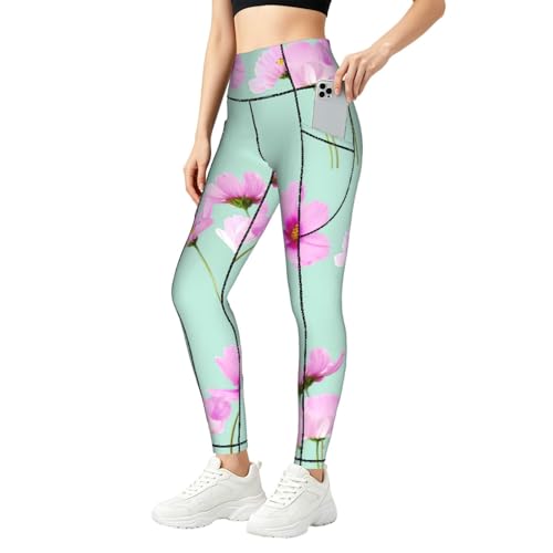 Leggings con estampado de hojas rosas con bolsillos prácticos que no se bajan
