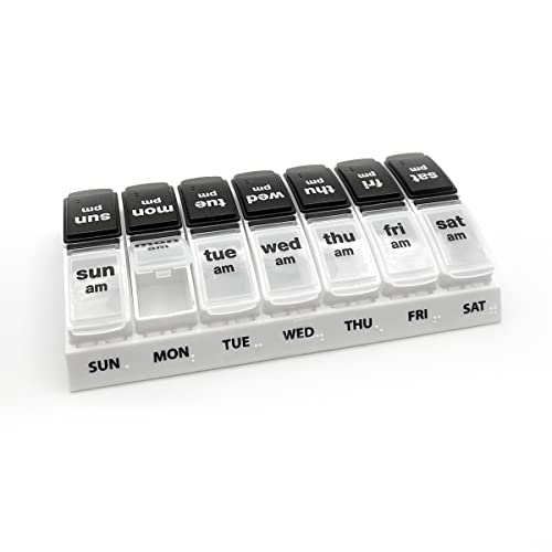 Image of EZY DOSE Weekly (7-Day) Daily AM /PM Pill Case, Medicine Planner, Vitamin Organizer, Supplement Container, Large Pop-Out Compartments, Designed for Travel 2 Times a Day, Black and White Lids