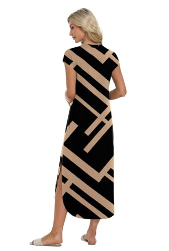 PrinStory Women's Maxi Dress With Pockets Cap Sleeves Summer Dresses For Ladies Casual Lightweight Sundress Beach Wear (Black Rectangle,L) - Image 5