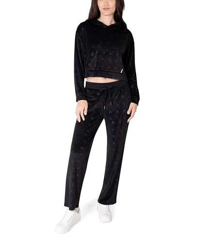 Paris Hilton Women's Lounge Set Embellished Velour Pullover Hoodie and Wide Leg Pants, Black, Medium