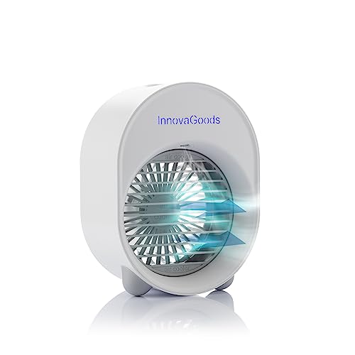 InnovaGoods - Mini Humidificador LED Koolizer, Climatizador Portátil y Purificador de Aire, 3 Velocidades, Diseño Silencioso, Ultrasonidos, Luz LED Multicolor, Blanco, ABS