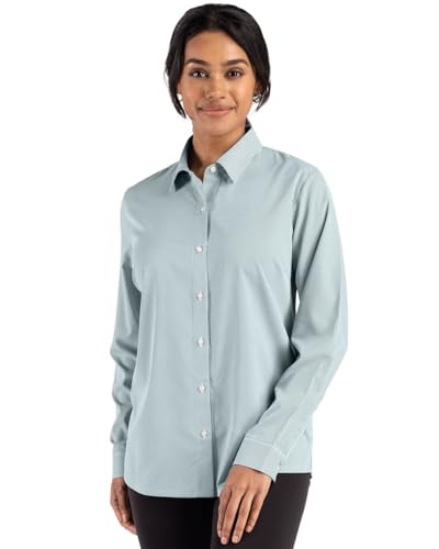 Cutter & Buck Skyline Epic Confidence Recycled Pinstripe Womens Long Sleeve Dress Shirt, Hunter/White, Green