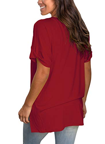 Image of Sampeel Women's V Neck T Shirts Casual Rolled Short Sleeve Side Split Summer Tops Loose Fit