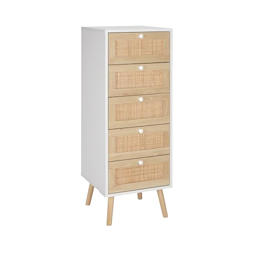 Finnhomy Rattan Chest of Drawers Bedroom with 5 Hand Made Rattan Decorated Drawers for Bedroom, Tall & Small Bedside Cabinet with Wood Legs, White