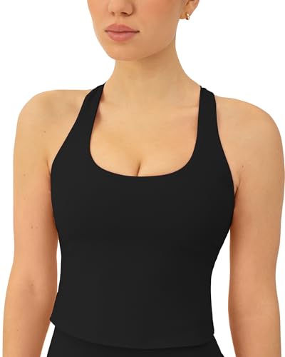 PAVOI ACTIVE Racerback Workout Tank Tops for Women Built in Bra - Medium Support Scoop Athletic Tank Top Shelf Bra, HiPerform
