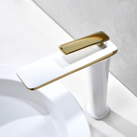 COGITIL Modern Bathroom Sink Faucet, White and Gold Single Hole Faucet Single Handle Brass Vessel Bathroom Sink Faucet Cover
