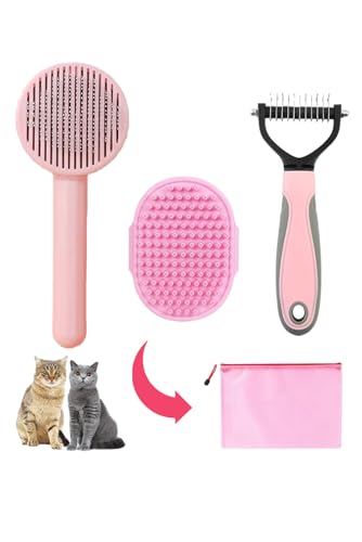 Image of Cat Brush for Shedding 5pcs - Long Haired Cats Brush, Indoor Cats Brush, Small Dogs Brush, Matted Fur Hair Brush with Flea Comb Set, Pink