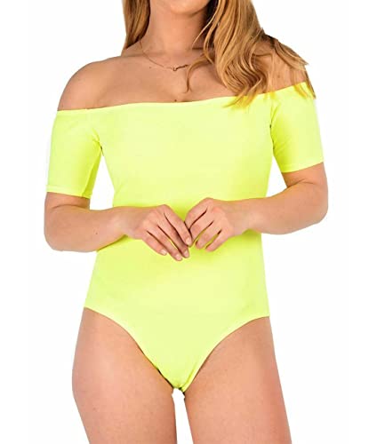 FAIRY TRENDZ LTD Justaucorps à manches courtes et épaules dénudées pour femme - Uni, extensible - Pour fête sur la plage, jaune fluo, 46-48