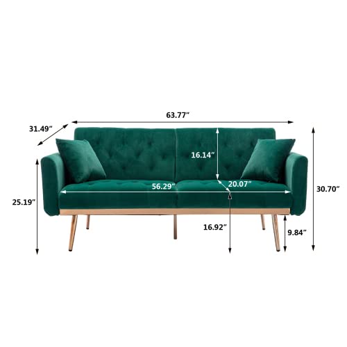 Szlizccc 63" Accent Sofa, Mid Century Modern Velvet Fabric Couch， Convertible Futon Sofa Bed ，Recliner Couch Accent Sofa Loveseat Sofa With Gold Metal Feet (Green) #TOP1