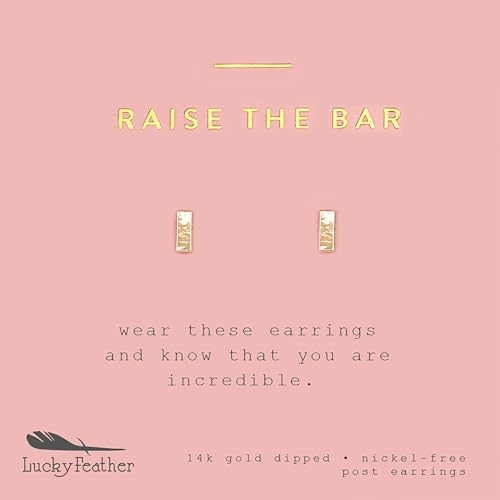 Lucky Feather Tiny Stud Bar Earrings for Women - 14k Gold Platted Raise The Bar Earrings, Represent Her High Standards, Presented on Sentimental Message Card Make Ideal Gifts for Women and Teens