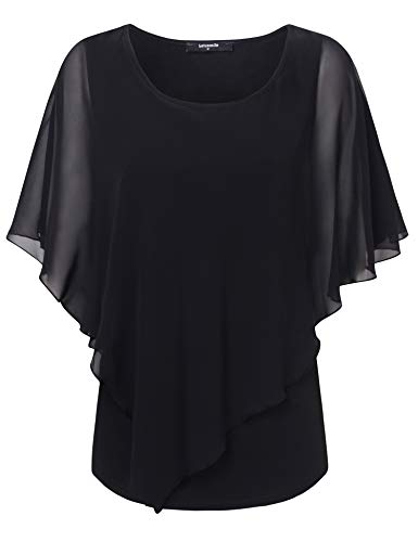 Lotusmile Chiffon Blouse Shirts For Work Elegant Chiffon Tops For Summer Flowy Plus Size Poncho Shirt Lightweight Blouses For Big Busted Women Double-Layered Tunic Tops For Leggings(Black,X-Large) #TOP2